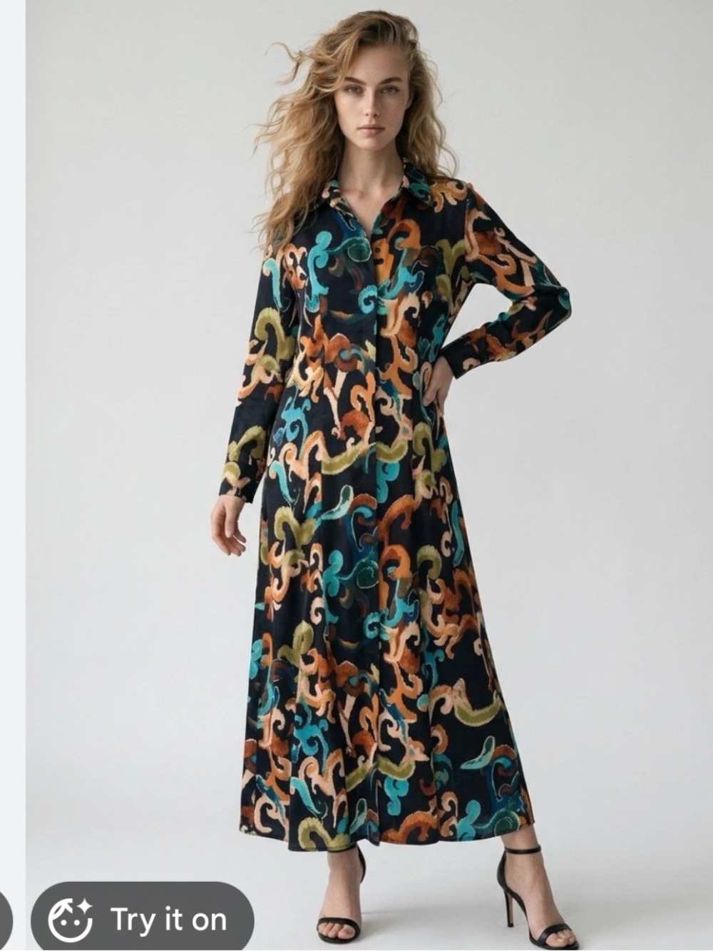 Chico's Black Maxi Shirt Dress with Teal Swirl Print Size 3 US 16
